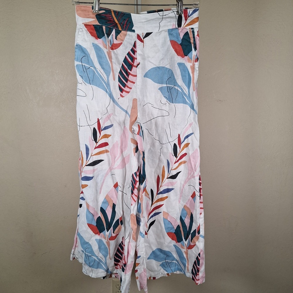 Cynthia Rowley 100% Linen Floral Tropical Coastal Vacation Resort Pants Wide Leg